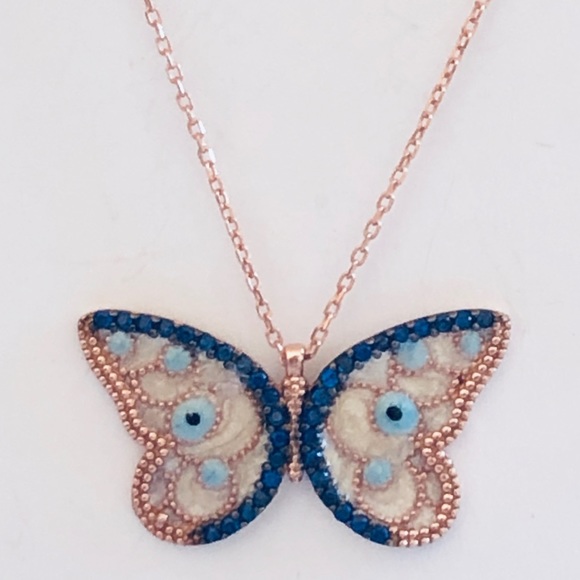 Jewelry - 🦋 925 Silver butterfly blue evileye necklace 14k rose gold plated